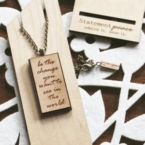 HANDMADE Necklace Artisan Wood “BE THE CHANGE” Statement BOHO Pendant & Gift Box